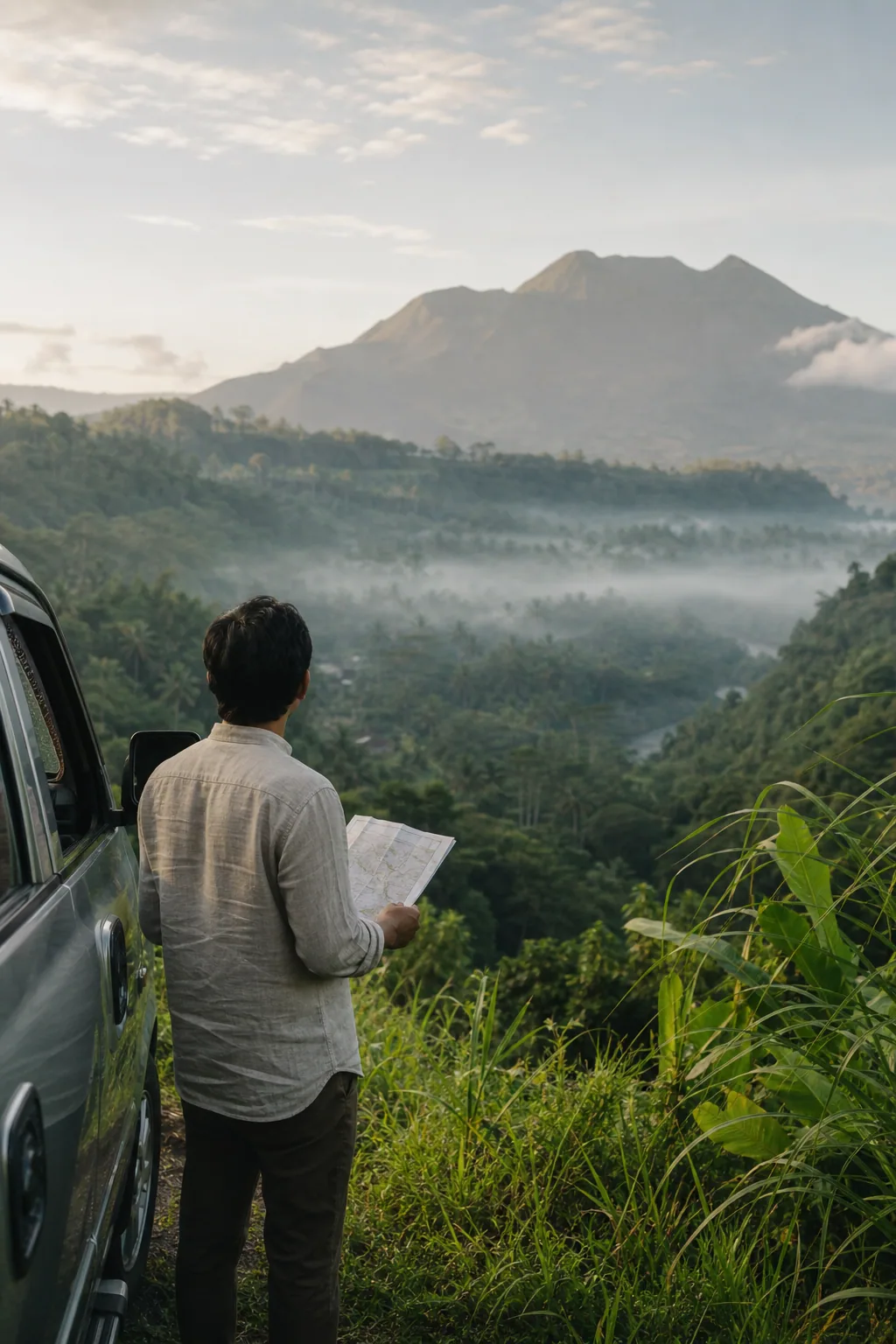 Local guide planning a route overlooking a lush Bali valley