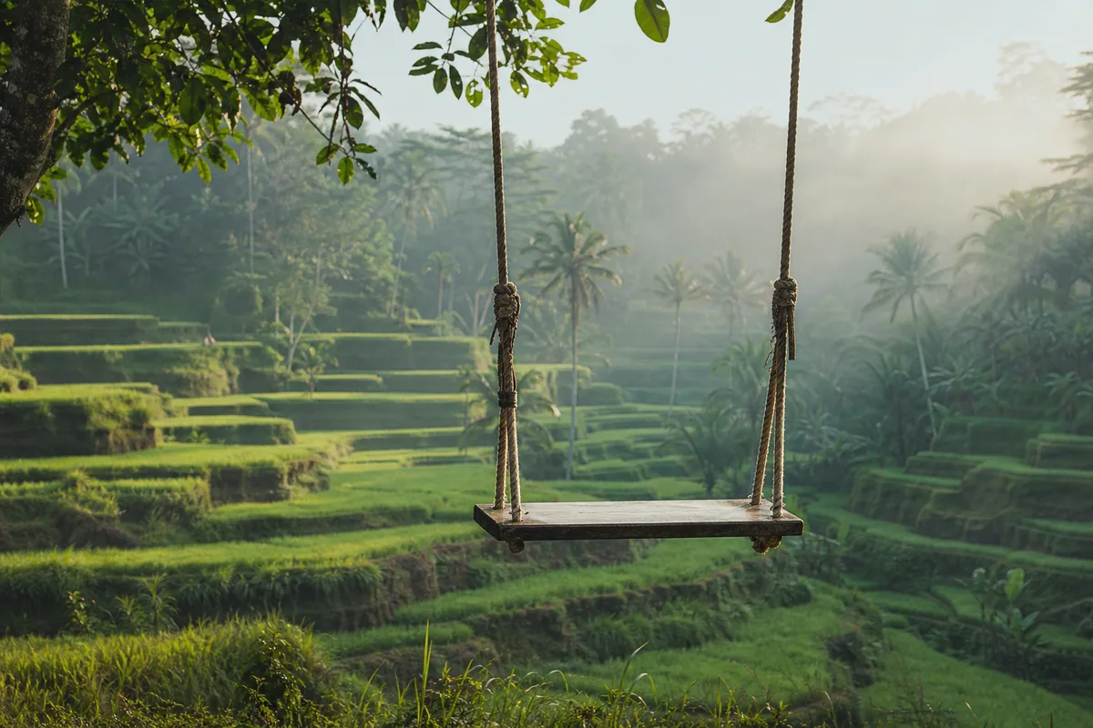 Empty swing overlooking the rice terraces in Ubud