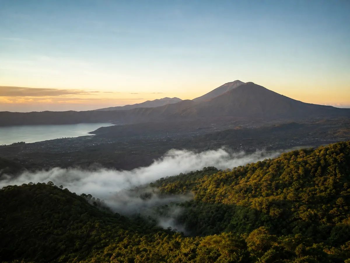 Mount Batur volcano with caldera lake viewed from Kintamani highlands
